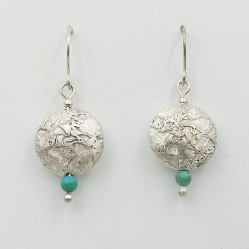 Click to view detail for DKC-1151 Earrings Round Disks Textured Sterling Silver and Turquoise $80